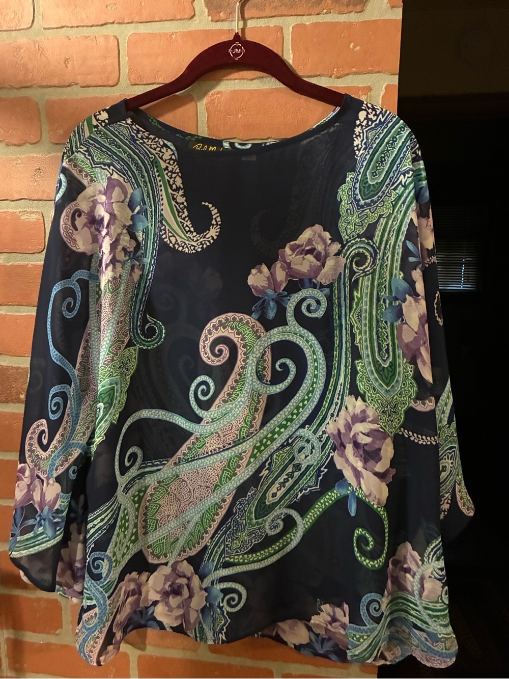 Bob Mackie Navy Blouse with Green & Purple Paisley Floral Print